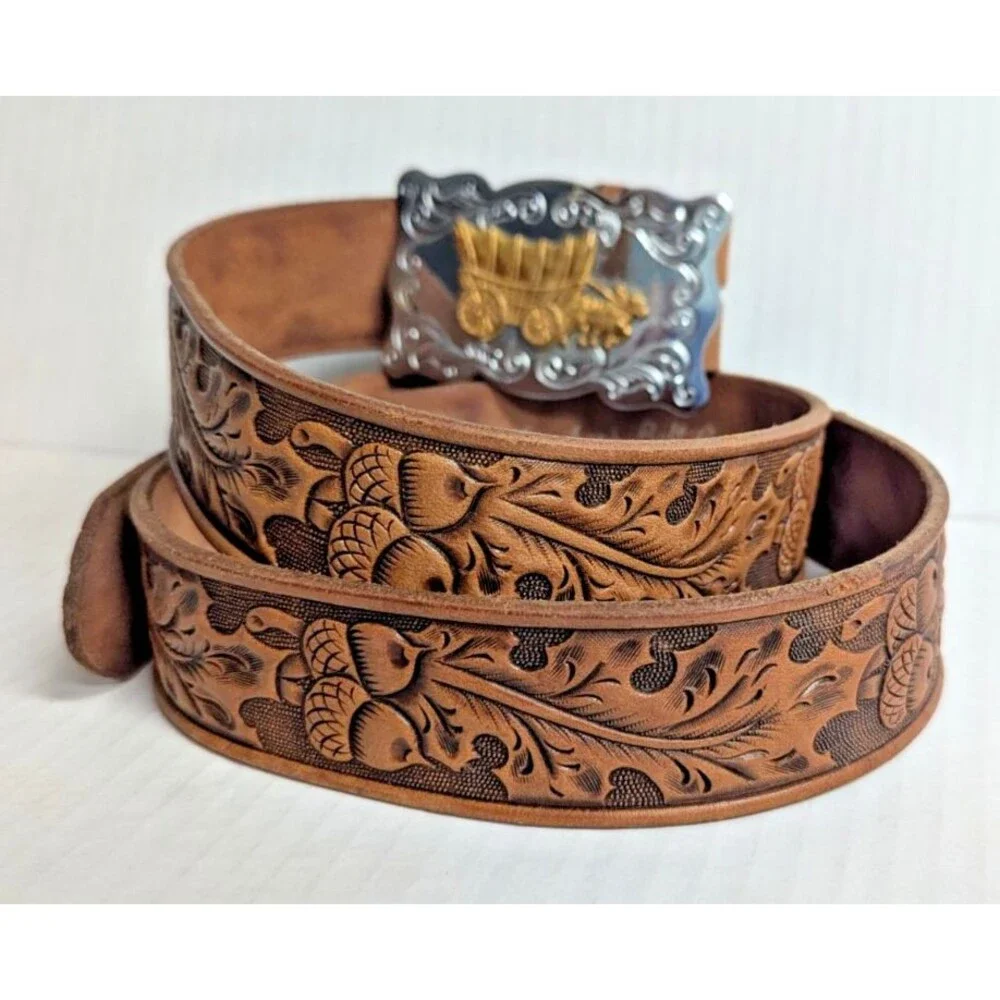 Chambers Leather Belt Co. USA Belt Buckle Covered Wagon Oak Leaves Acorn Belt